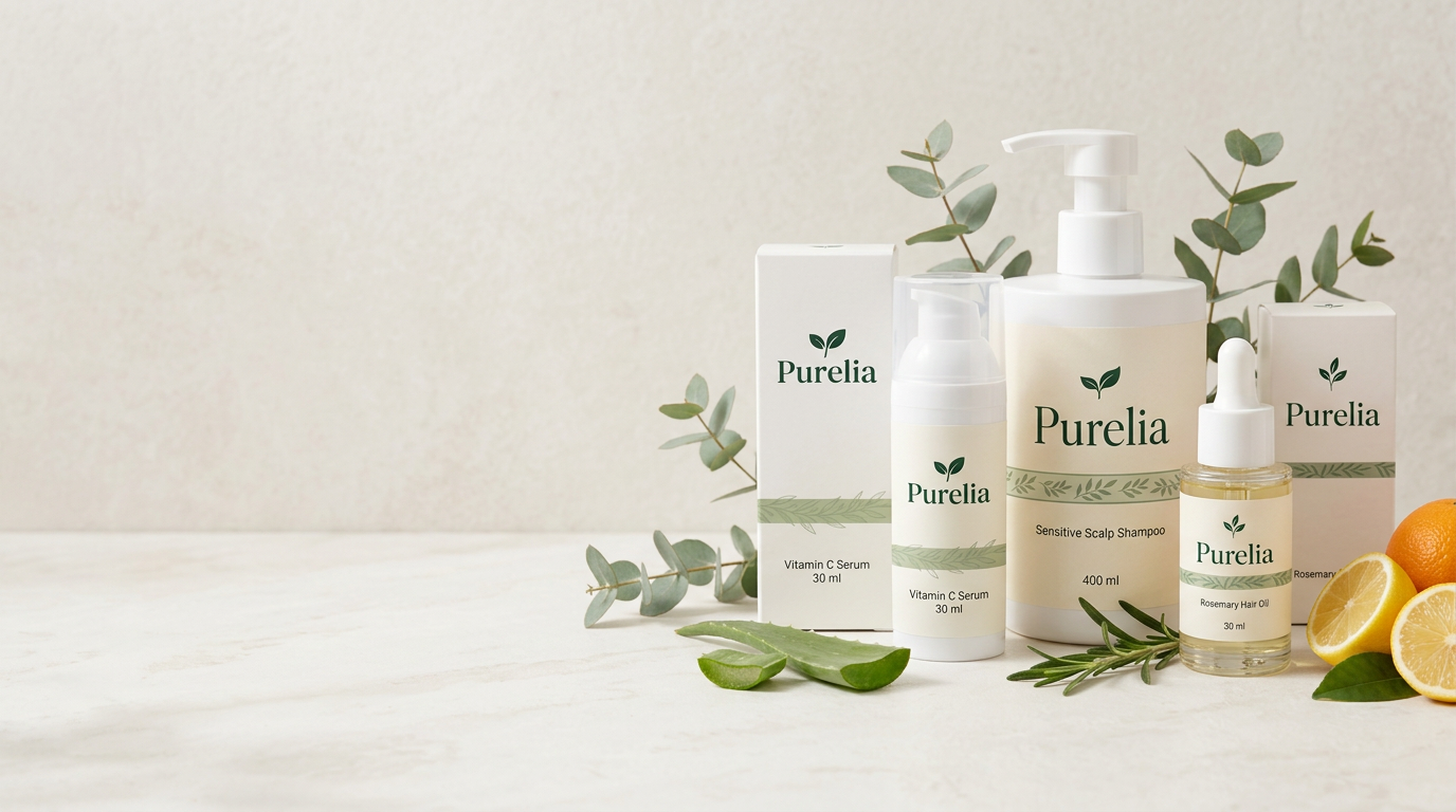 Purelia bottles on ivory stone with aloe, citrus and eucalyptus