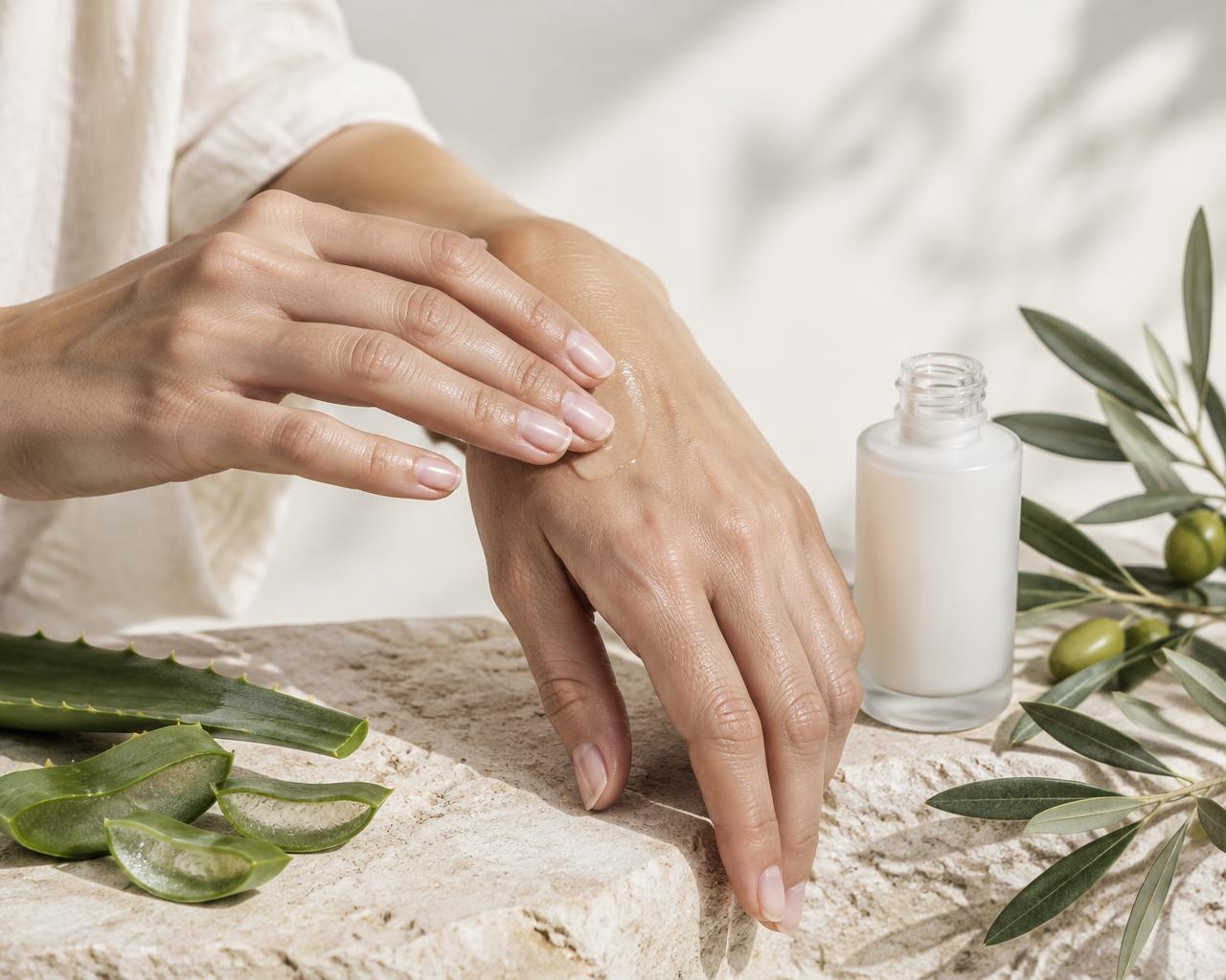 Hands applying serum beside olive leaves and aloe