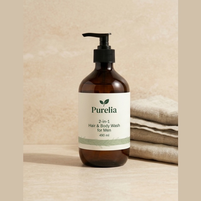 Purelia 2-in-1 Hair & Body Wash for Men — Purelia-labelled product arranged on stone and linen