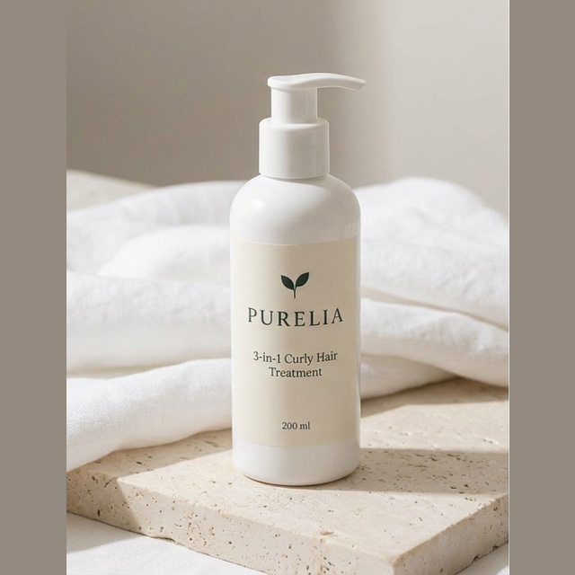 Purelia 3-in-1 Curly Hair Treatment — Purelia-labelled product arranged on stone and linen