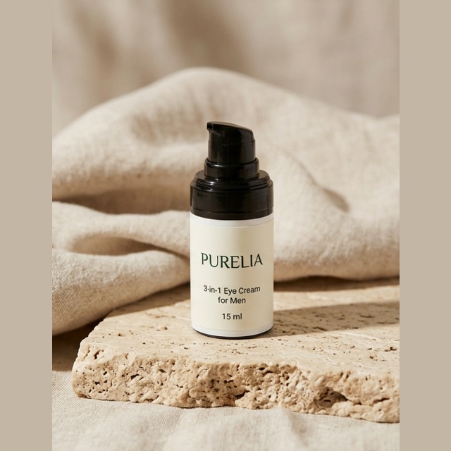 Purelia 3-in-1 Eye Cream for Men — Purelia-labelled product arranged on stone and linen