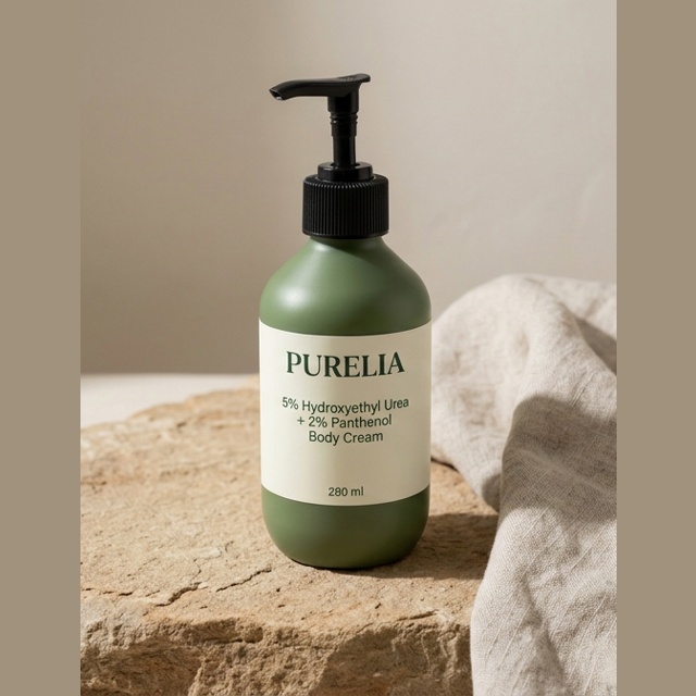 Purelia 5% Hydroxyethyl Urea + 2% Panthenol Body Cream — Purelia-labelled product arranged on stone and linen