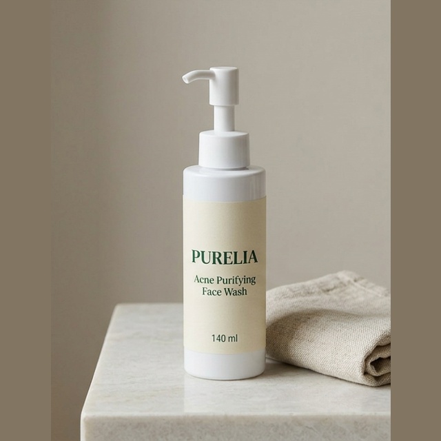 Purelia Acne Purifying Face Wash — Purelia-labelled product arranged on stone and linen