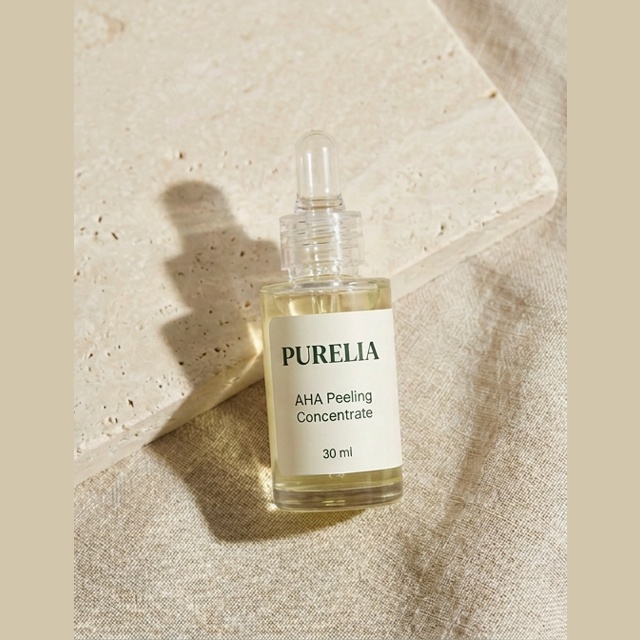 Purelia AHA Peeling Concentrate — Purelia-labelled product arranged on stone and linen