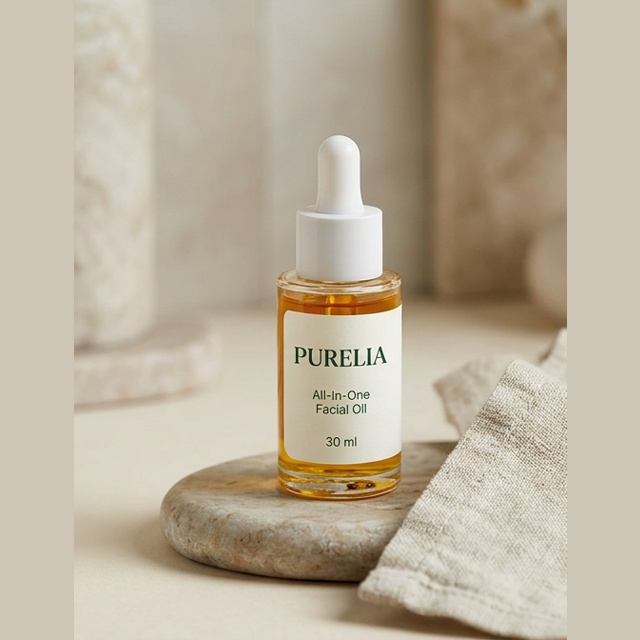 Purelia All-In-One Facial Oil — Purelia-labelled product arranged on stone and linen