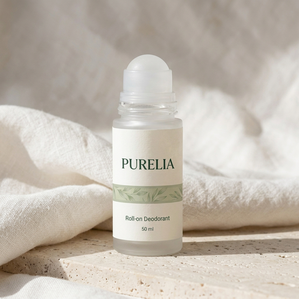 Purelia Aluminium-free Roll-on Deodorant in a softly lit Purelia scene