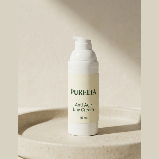 Purelia Anti-Age Day Cream — Purelia-labelled product arranged on stone and linen