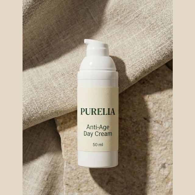 Purelia Anti-Age Day Cream — Purelia-labelled product arranged on stone and linen