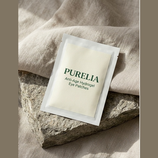 Purelia Anti-Age Hydrogel Eye Patches — Purelia-labelled product arranged on stone and linen
