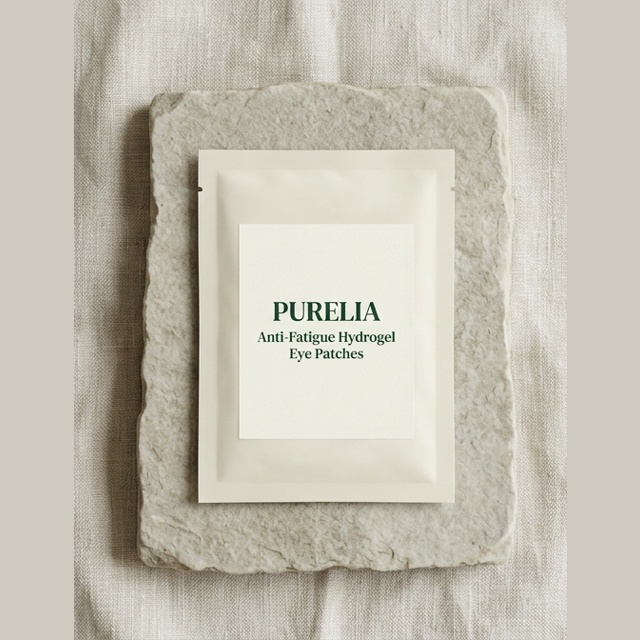 Purelia Anti-Fatigue Hydrogel Eye Patches — Purelia-labelled product arranged on stone and linen