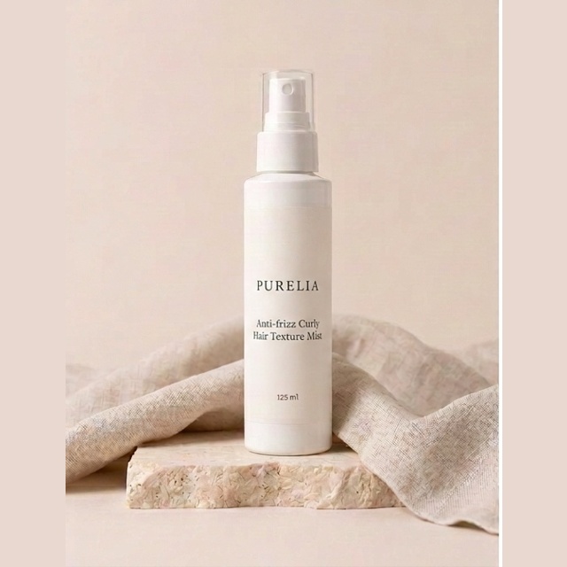 Purelia Anti-frizz Curly Hair Texture Mist — Purelia-labelled product arranged on stone and linen