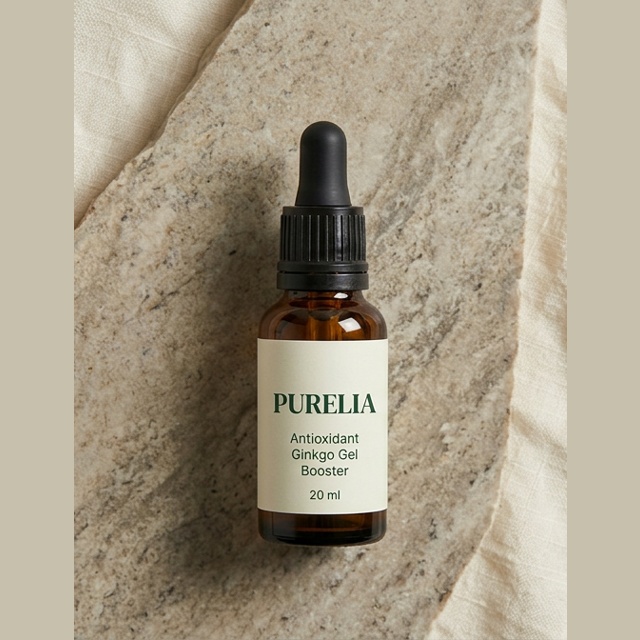 Purelia Antioxidant Ginkgo Gel Booster — Purelia-labelled product arranged on stone and linen