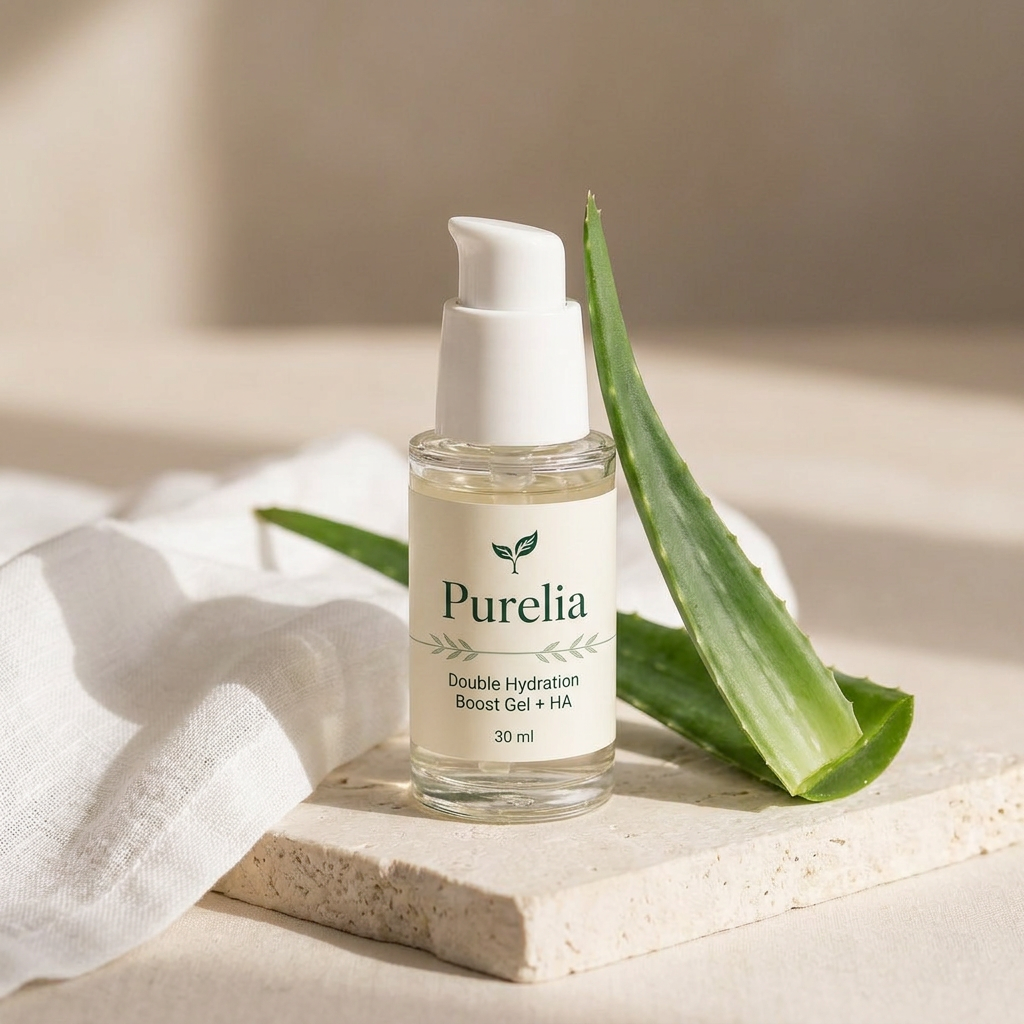 Purelia Double Hydration Boost Gel + HA in a softly lit Purelia scene