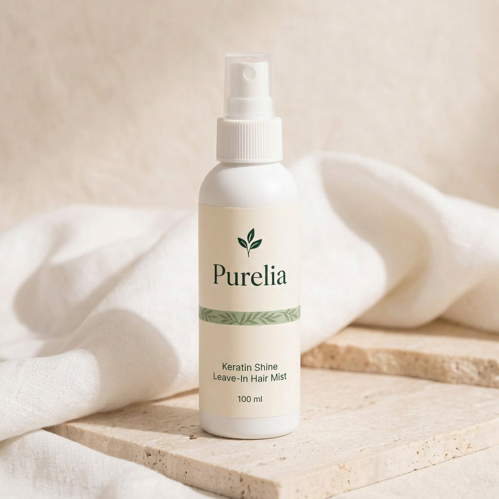 Purelia Keratin Shine Leave-In Hair Mist in a softly lit Purelia scene