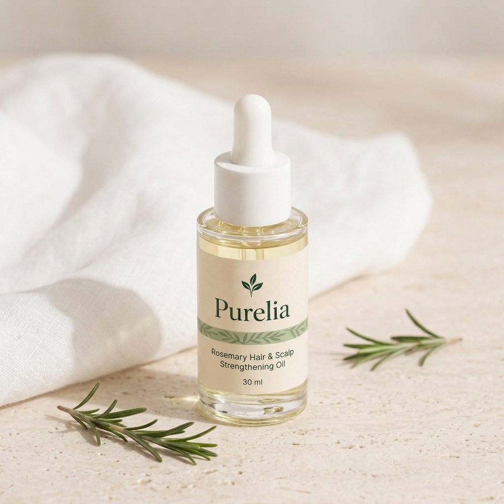 Purelia Rosemary Hair & Scalp Strengthening Oil in a softly lit Purelia scene