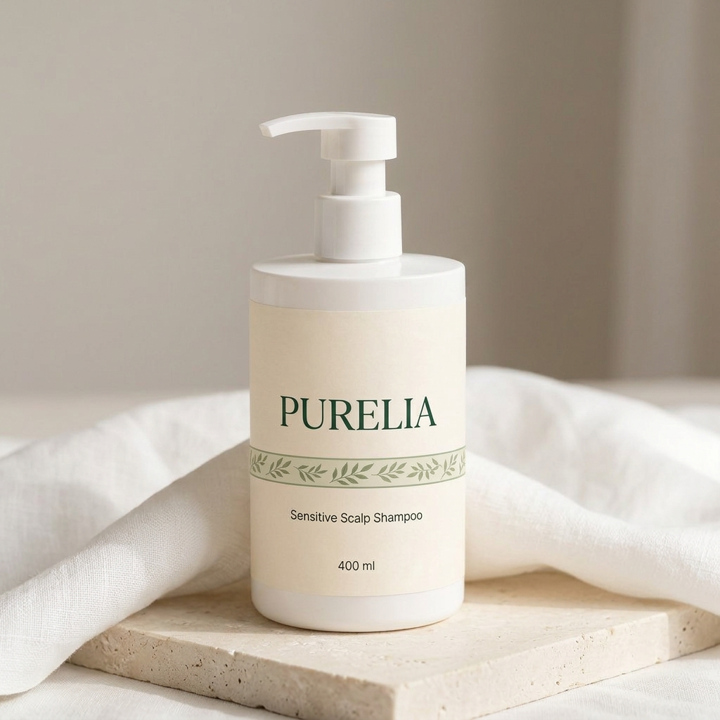 Purelia Sensitive Scalp Shampoo in a softly lit Purelia scene