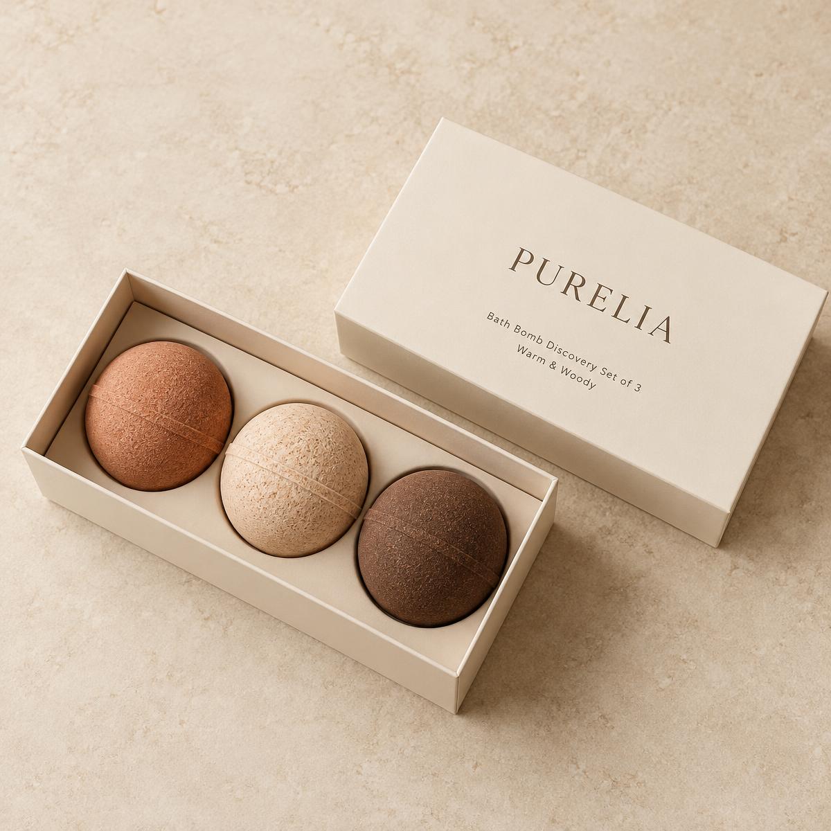 Purelia Bath Bomb Discovery Set of 3, Warm & Woody